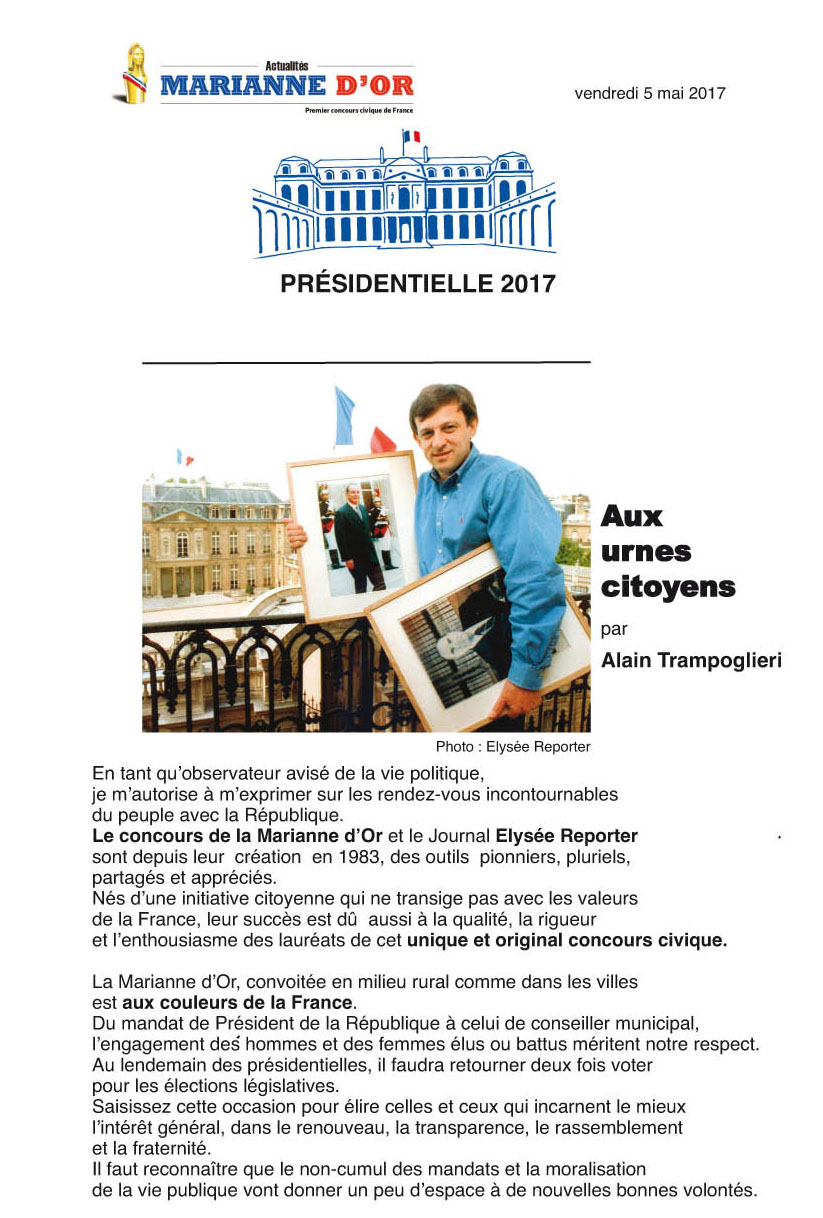 aux urnes citoyens, alain trampoglieri, le concours de la marianne d'or et le journal elyse reporter, concours civique, aux couleurs de la france, prserver le crmonial rpublicain, votez