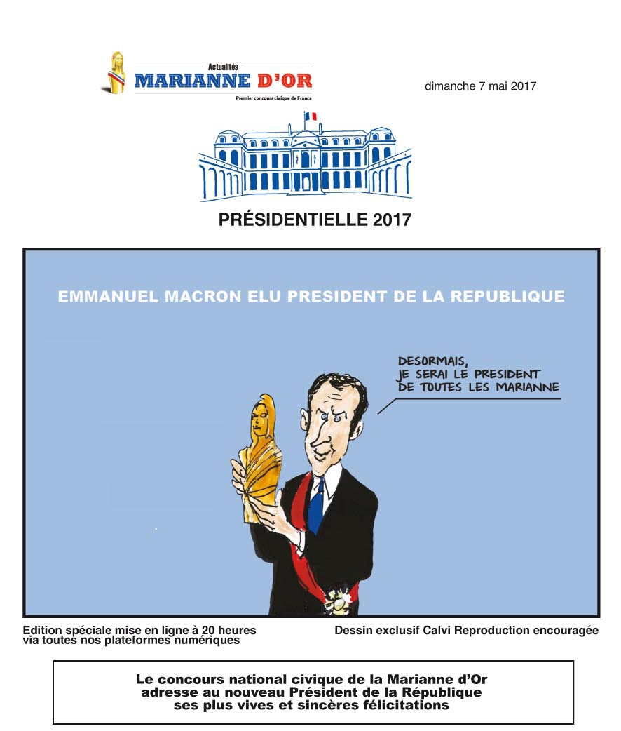 emmanuel macron elu president de la republique, president de toutes les marianne, concours national civique de la marianne d'or adresse au nouveau president de la republique ses plus vives et sinceres felicitations