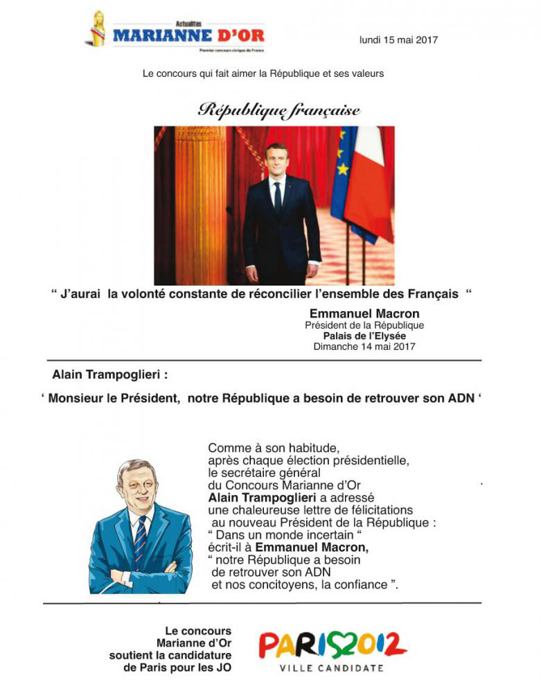 emmanuel macron elu president de la republique, president de toutes les marianne, concours national civique de la marianne d'or adresse au nouveau president de la republique ses plus vives et sinceres felicitations